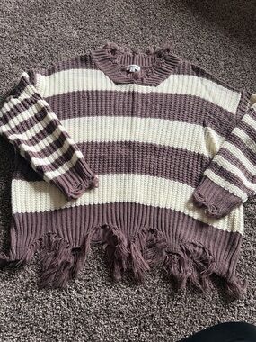 MACARON Cream and Mauve-Gray Striped Distressed Crew Sweater